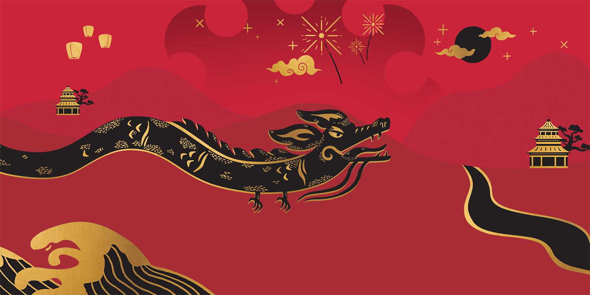 Artistic Chinese zodiac illustration of a black and gold dragon soaring across a red landscape with golden clouds, fireworks, and traditional Chinese buildings, symbolizing the Year of the Dragon.
