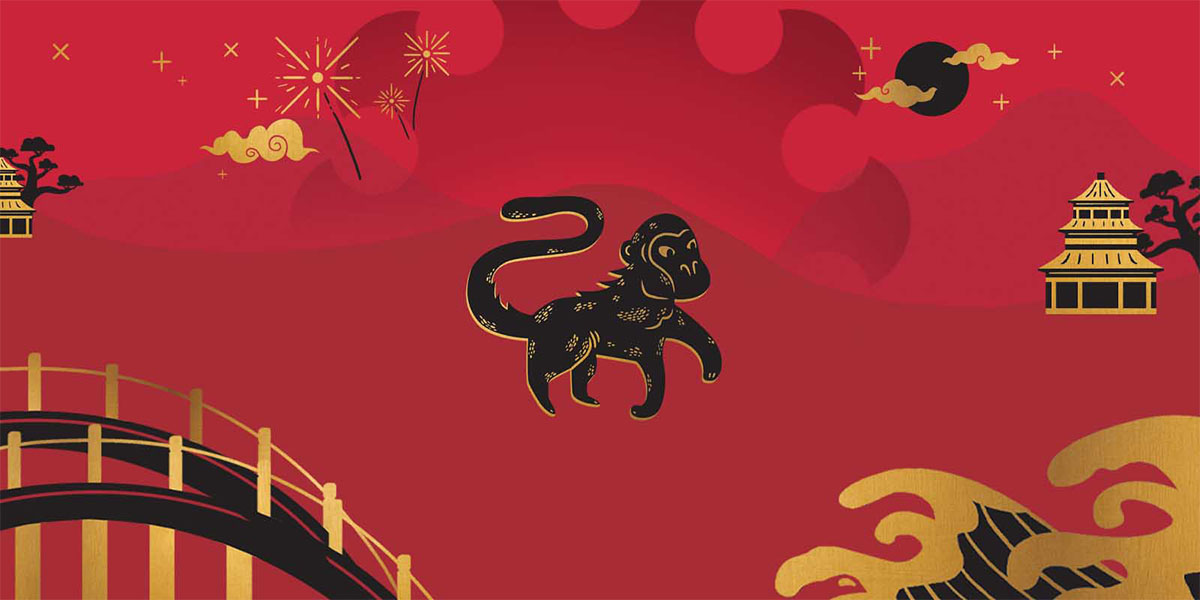 Chinese zodiac illustration of a black and gold monkey standing on a red landscape with a golden bridge, waves, clouds, fireworks, and traditional Chinese buildings, symbolizing the Year of the Monkey.