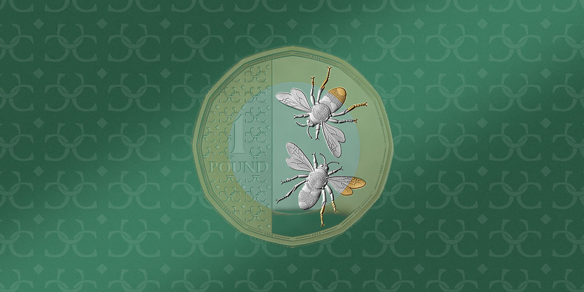 The 2023 Definitive £1 coin with its bee design and light green tint against a darker green background