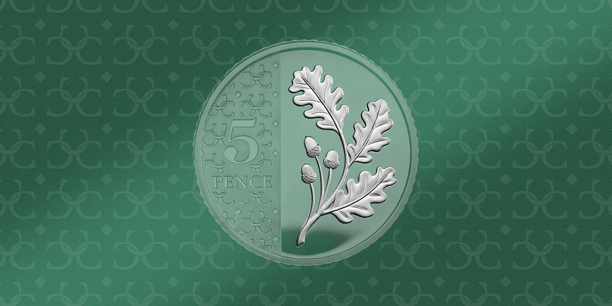 The Definitive 2023 5p coin featuring the recognisable image of an oak tree leaf